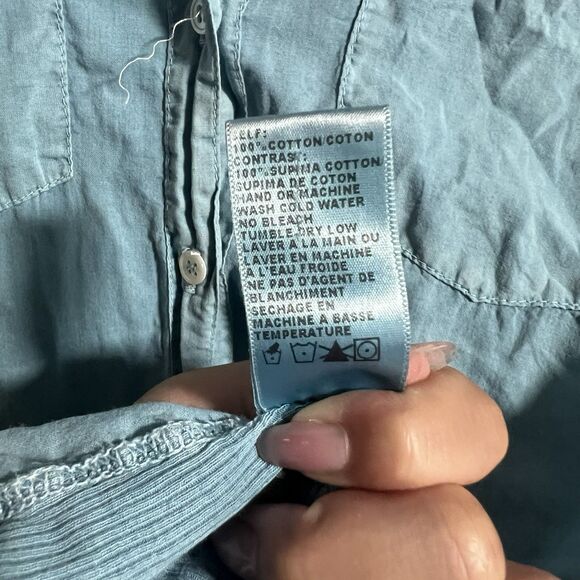 Standard James Perse Contrast Panel Rolled Sleeves V-Neck Button Shirt Blue 2 - Picture 9 of 9